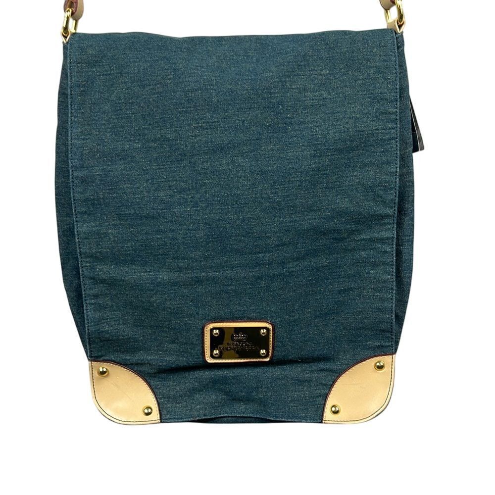 Egon Furstenberg Womens Denim Shoulder Messenger Bag‎ Leather Strap Blue NWT